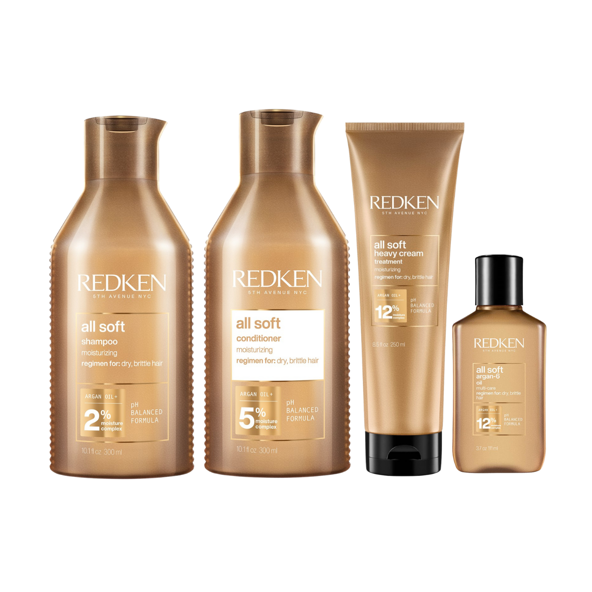 Redken All Soft Shampoo, Conditioner (300ml), Heavy Cream (250ml) & Argan Oil (111ml) Quad Bundle